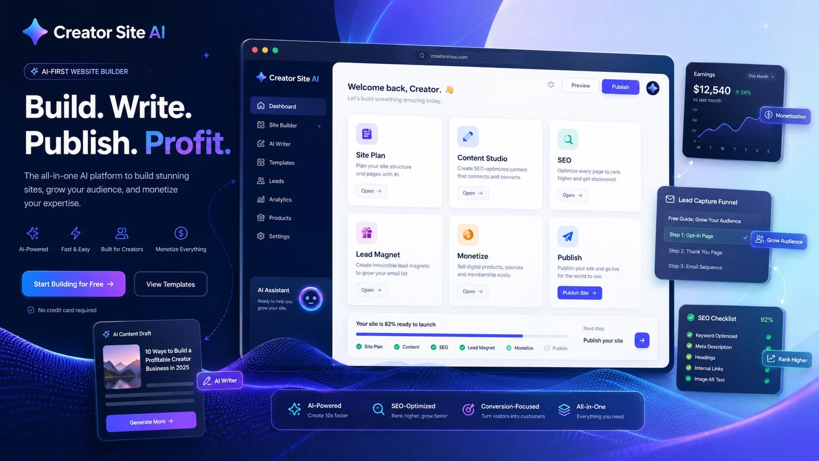 CreatorSiteAI dashboard and website builder preview